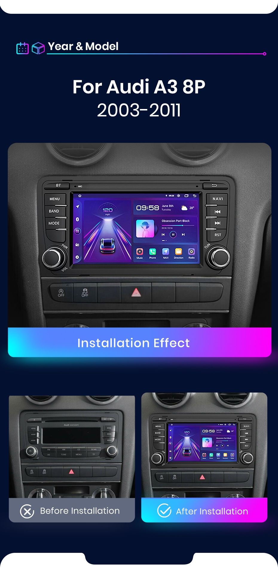 Rádio android Audi A3 8P S3 RS3 4G LTE GPS 8-core 6/128GB SELADO