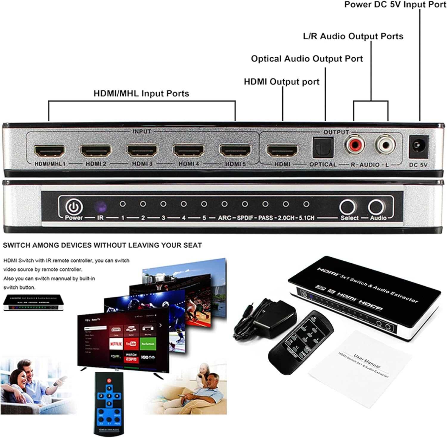 Przełącznik HDMI 5x1 4K 30hz 5 portów 1080P Ultra HD 4K Full HD  Pilot