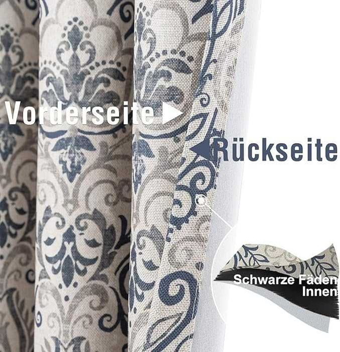 Zasłony okienne vintage 225x130 niebieskie len piękny wzór