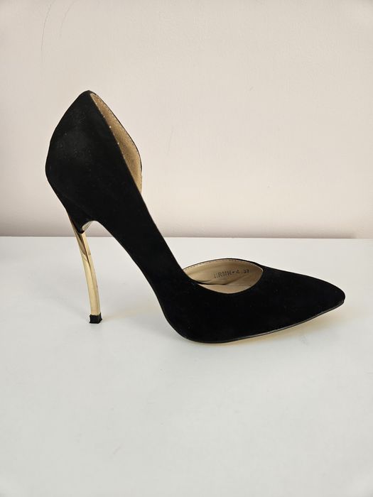 Szpilki czarne zamsz złoty obcas zjawiskowe r. 37