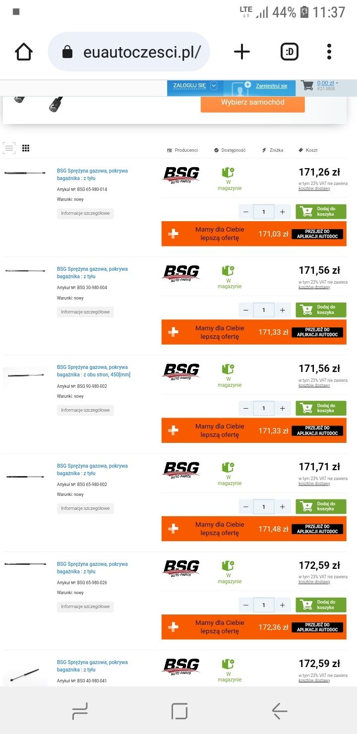 Sprężyna gazowa Astra 2 Astra G,  BSG 65_980_014