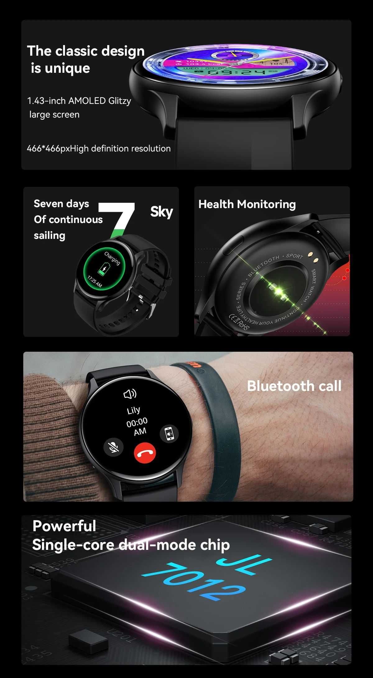 Smartwatch zegarek Amoled czarny Senbono Menu PL Rozmowy Bluetooth