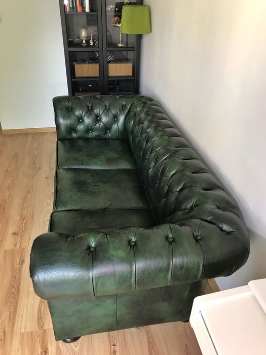 Sofa skórzana chesterfield zielona, skóra naturalna antykowana, 3 os.