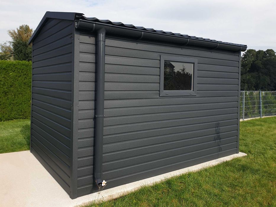 Domek ogrodowy 2,5×3,5m + blachodachówka + okno + rynna –  grafit