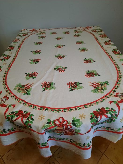 Obrus świąteczny owal vintage 145x200 bawełna/len.