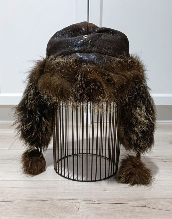 Kępka skórzana futrzana czapka uszatka pilotka S/M M/L