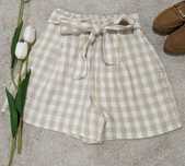 Calções Linho Quadradinhos bege/branco cintura subida (XS / Zara)