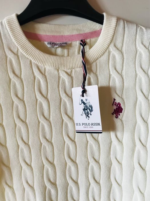 Sweterek U.S. Polo Assn. Ecru, we warkocze, bawelna, kr. rekaw, S