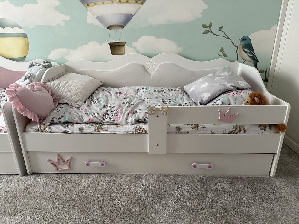 Dwa łóżka tapicerowane 160x80 z szufladami + materace DINO (2 sztuki)