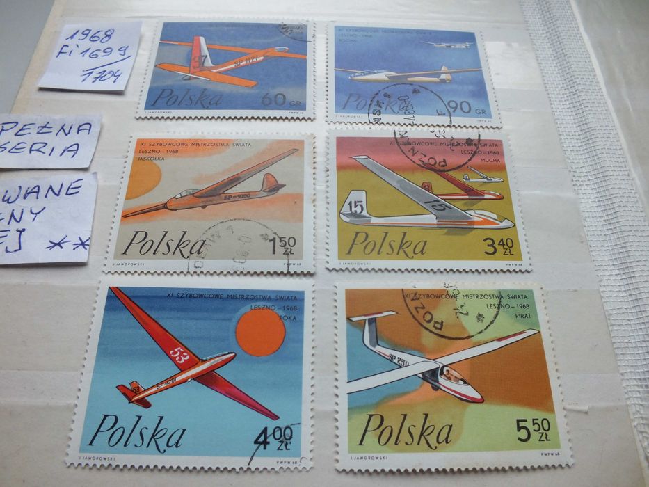 6szt. znaczki pełna seria Fi1699 Polska 1968r. LOTNICTWO Szybowce klej