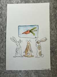 Kartka okolicznościowa wielkanocna króliki zające wielkanoc akwarele