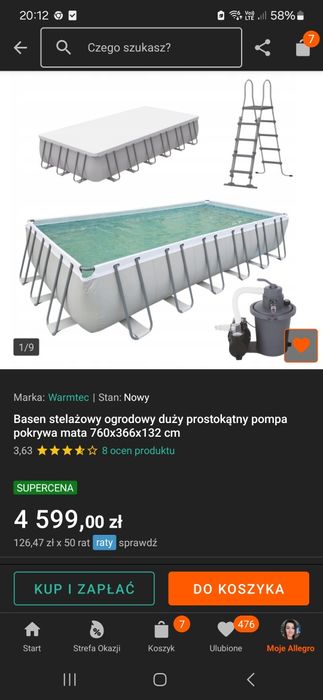 Basen stelażowy duży prostokątny pompa pokrywa mata 760x366x132