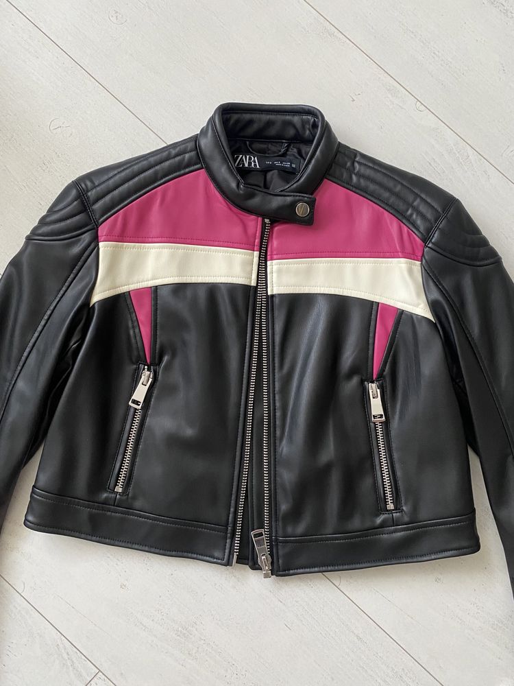 Zara nowa kurtka ze sztucznej skóry rajdowa czarna różowa S