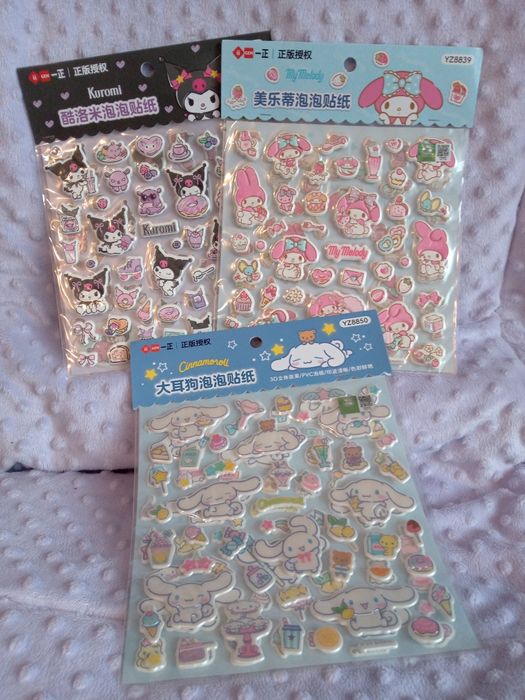 Dwa duże arkusze wypukłych naklejek kuromi my melody cinnamoroll