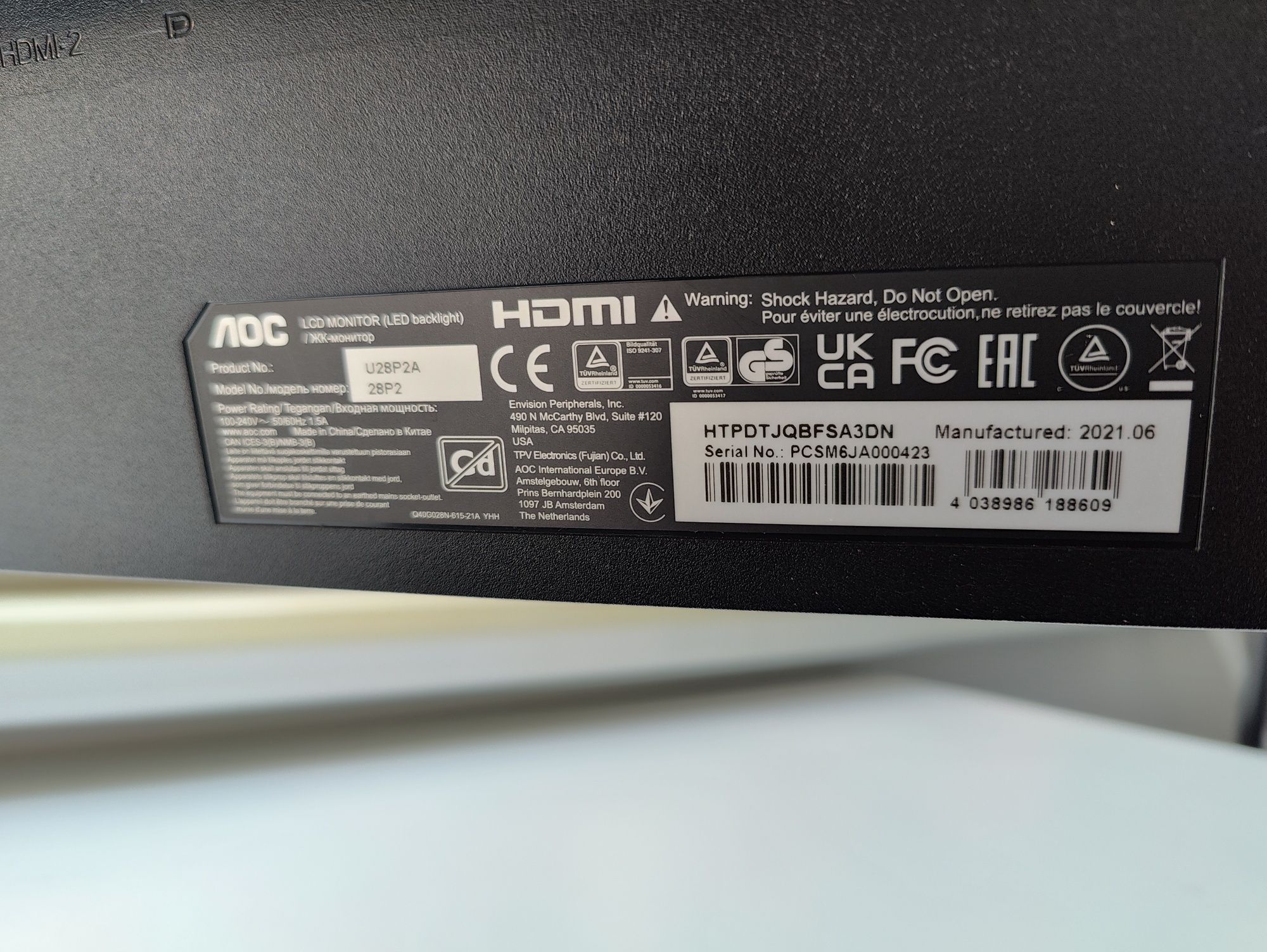 AOC U28P2A 28" 4K UHD IPS 60Hz