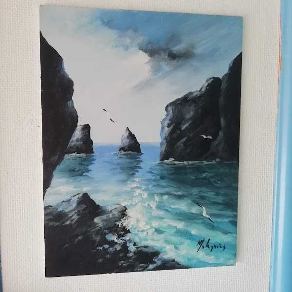 Quadro com pintura a óleo com tema 'Praia da Rocha'