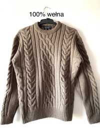 Welniany piaskowy gruby sweter pleciony warkocz