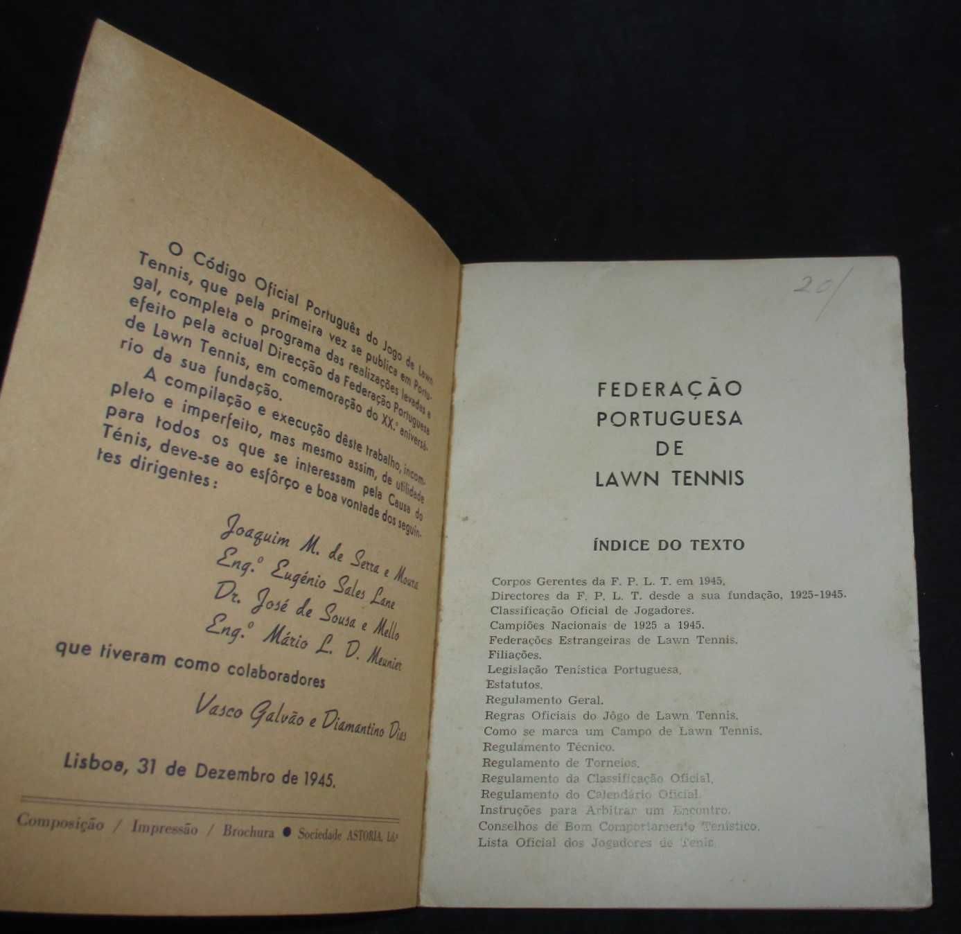 Livro Código Oficial Português do Jogo de Lawn Tennis 1945