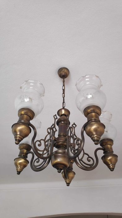Candeeiro antigo latão / bronze e vidro - vintage