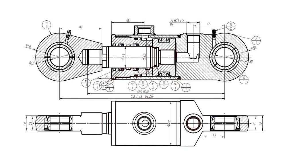 Mocny Siłownik Hydrauliczny Wysięgnika TROLL 80x45 skok 400 [0731]