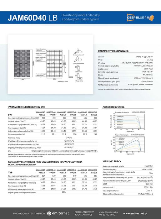 Ja Solar 500W JAM60D40/500 LB panele fotowoltaiczne bifacjalne szkło