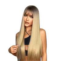 Peruka mega długie włosy blond proste z grzywką LC288 Barbie + GRATIS