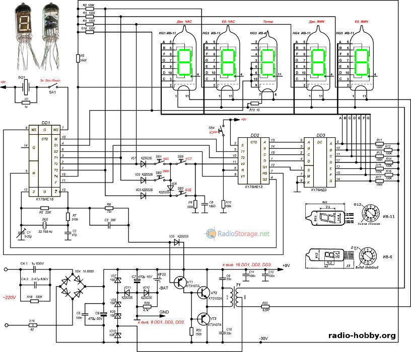 Цифровой индикатор ИВ-6 (ретро часы лофт, Nixie) люминесцентный