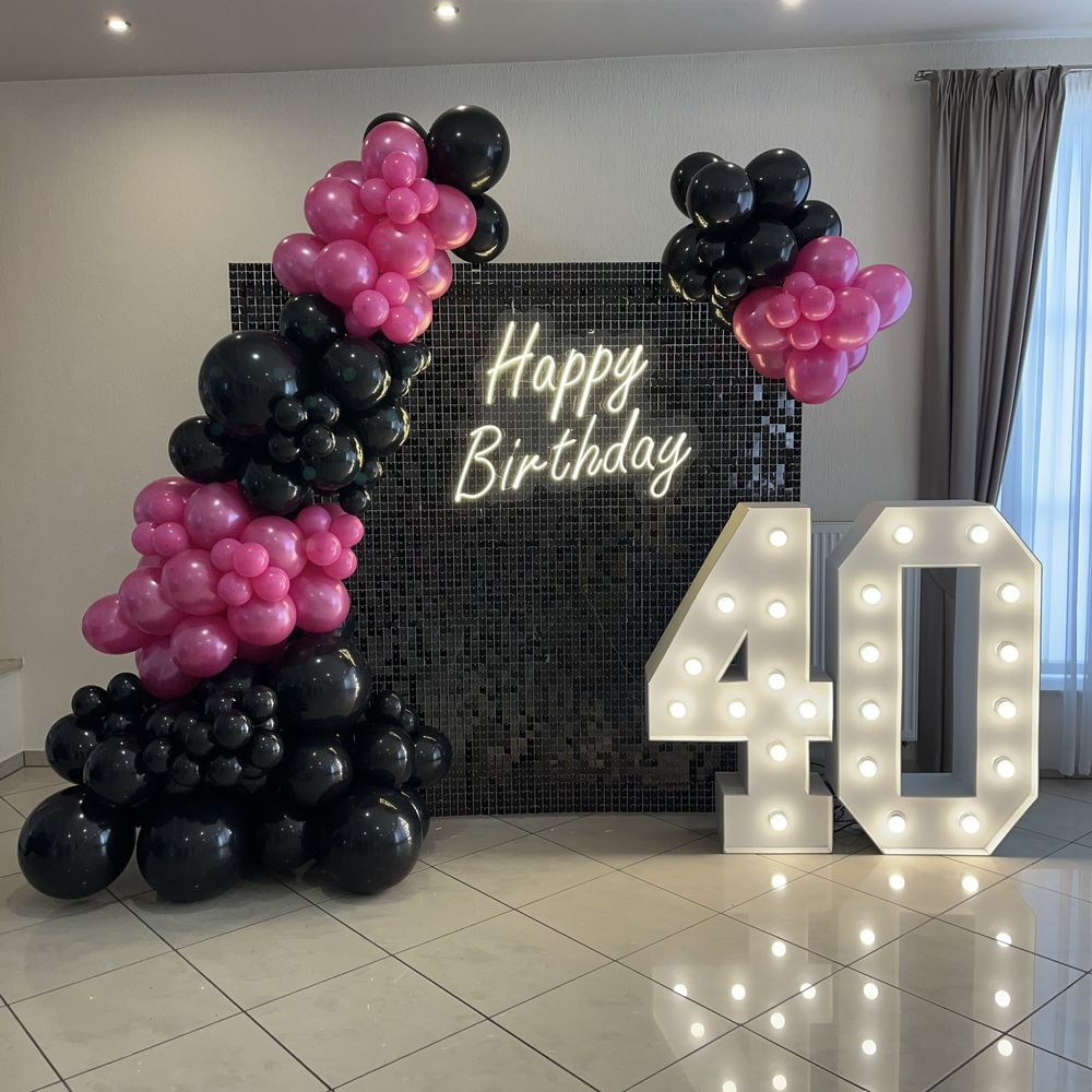 Ścianka cekinowa, cekiny 18-stka, cyfry led, neon happy birthday