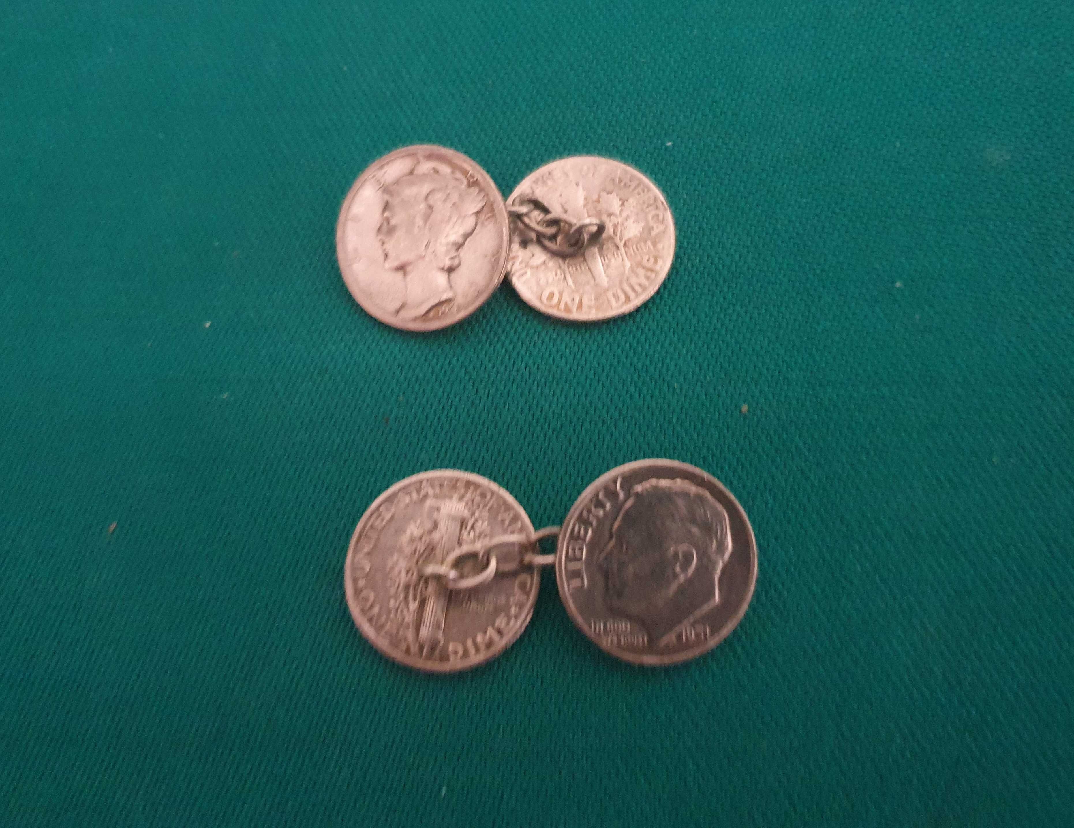 Botões de punho ÚNICOS, de moedas de ONE DIME, prata 0.900 de 1943-USA