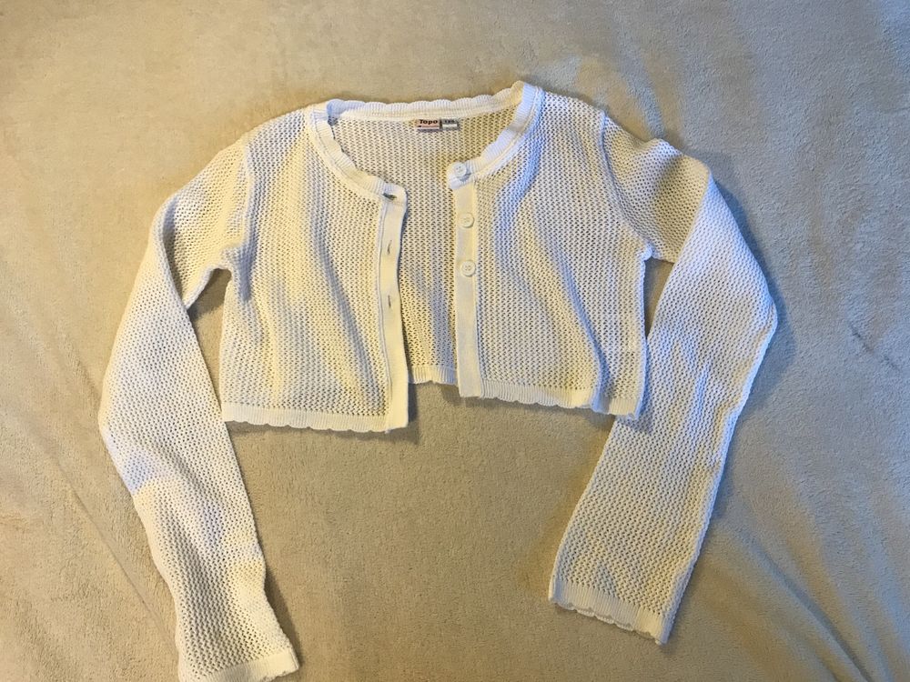 Sweter bolerko top ażurowy biały 128 długi rękaw narzutka Topo