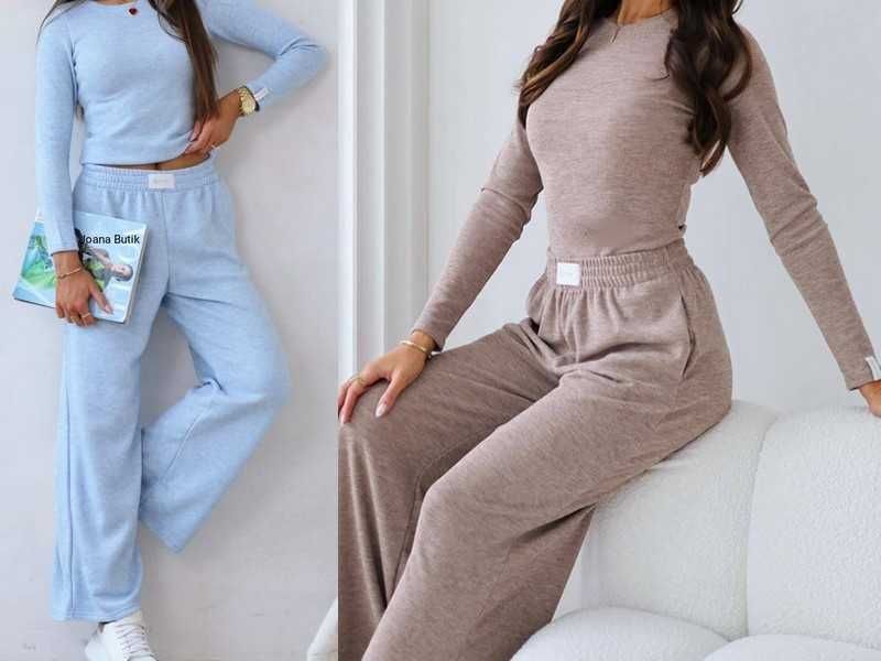 By Mia beżowy Komplet dzianinowy bluzka i szerokie spodnie