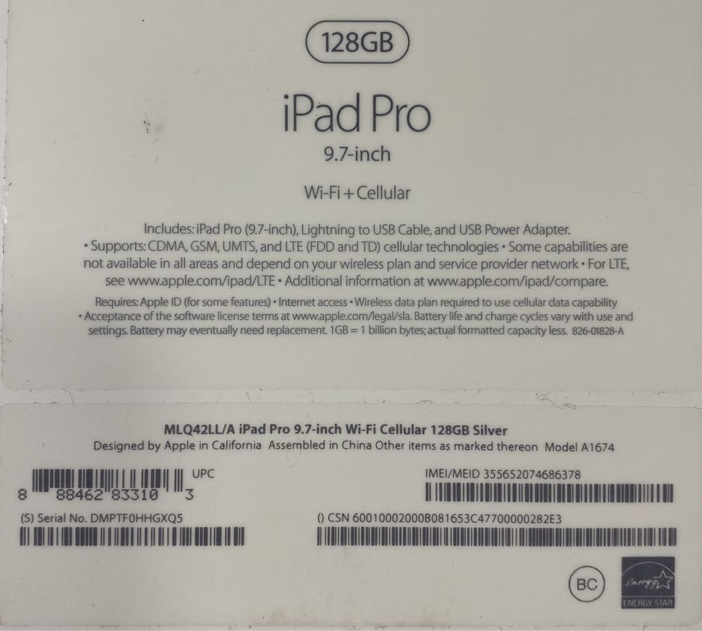 MLQ42LL/A iPad Pro 9,7 дюймов 128GB Wi-FI+Cellular Silver Model A1674