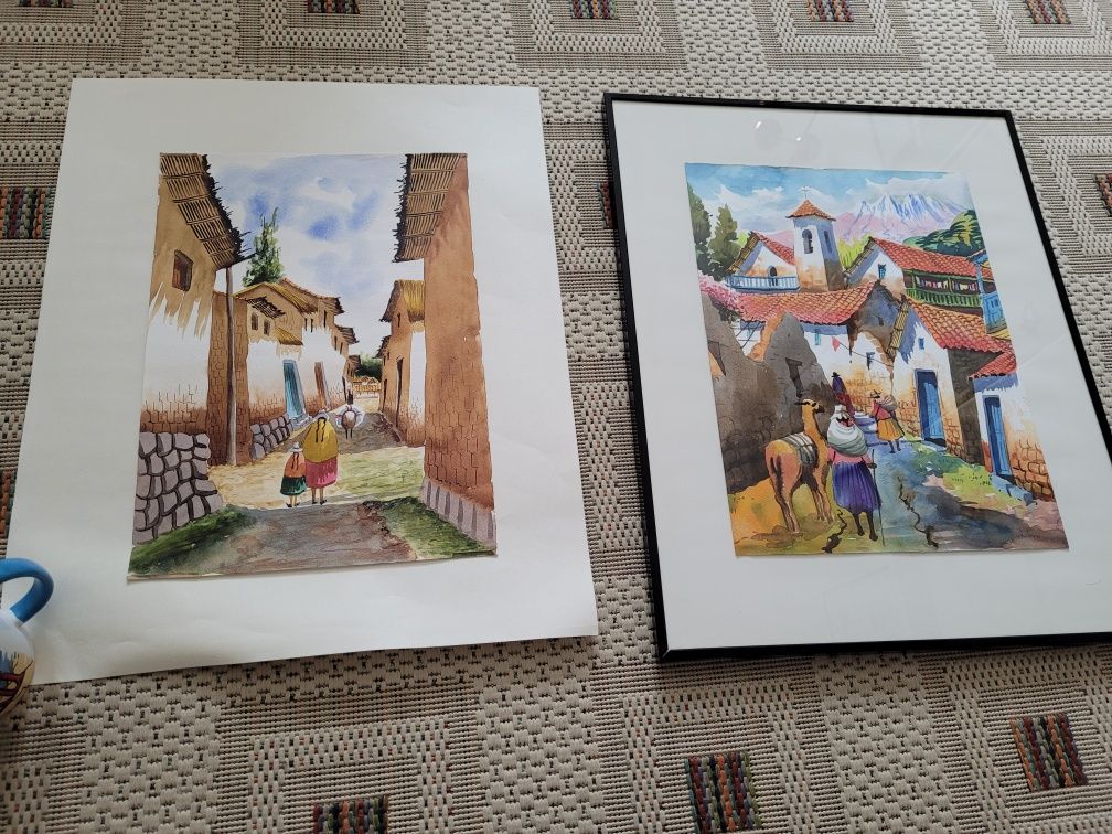 Obraz akwarela handmade z Peru obrazek do antyramy Cuzco