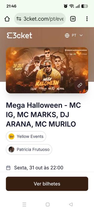 Bilhete para concerto mega Halloween