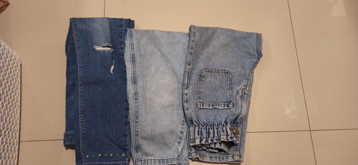 Komplet jeansy + ogrodniczki spodnie 134-140