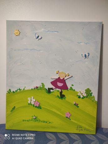 Quadro pintado menina borboletas e joaninhas 50x60 cm