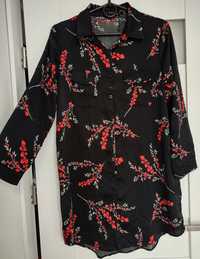 Czarna koszulowa sukienka mini krótka długi rękaw kwiaty wzory S M L