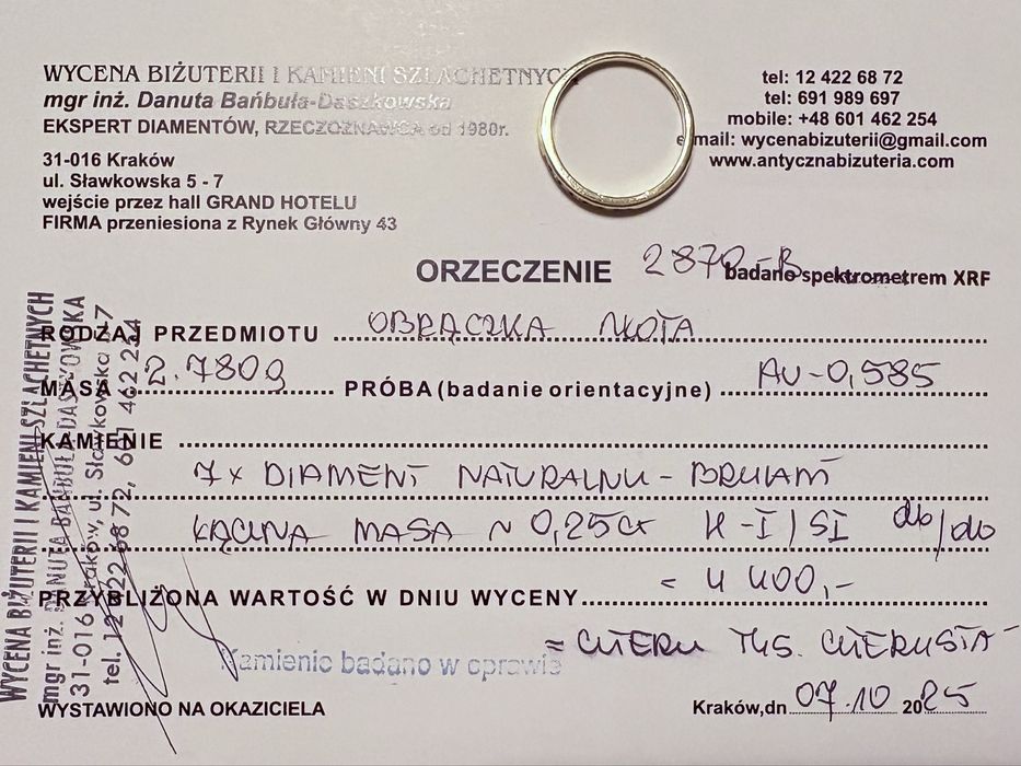 Retro pierścionek obrączka zloto 14 k brylanty 0,25 ct R15 wycena