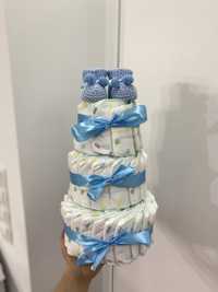 Tort z pampersów z bucikami, prezent na chrzest/ baby shower