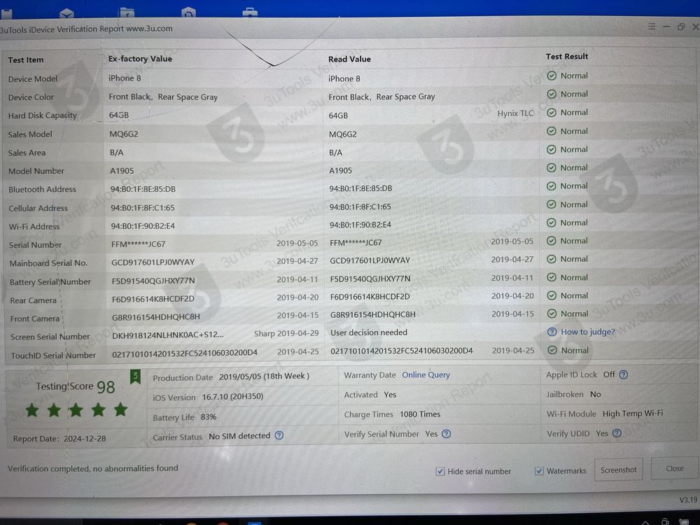 iPhone 8 64GB Space Gray 83% bateria