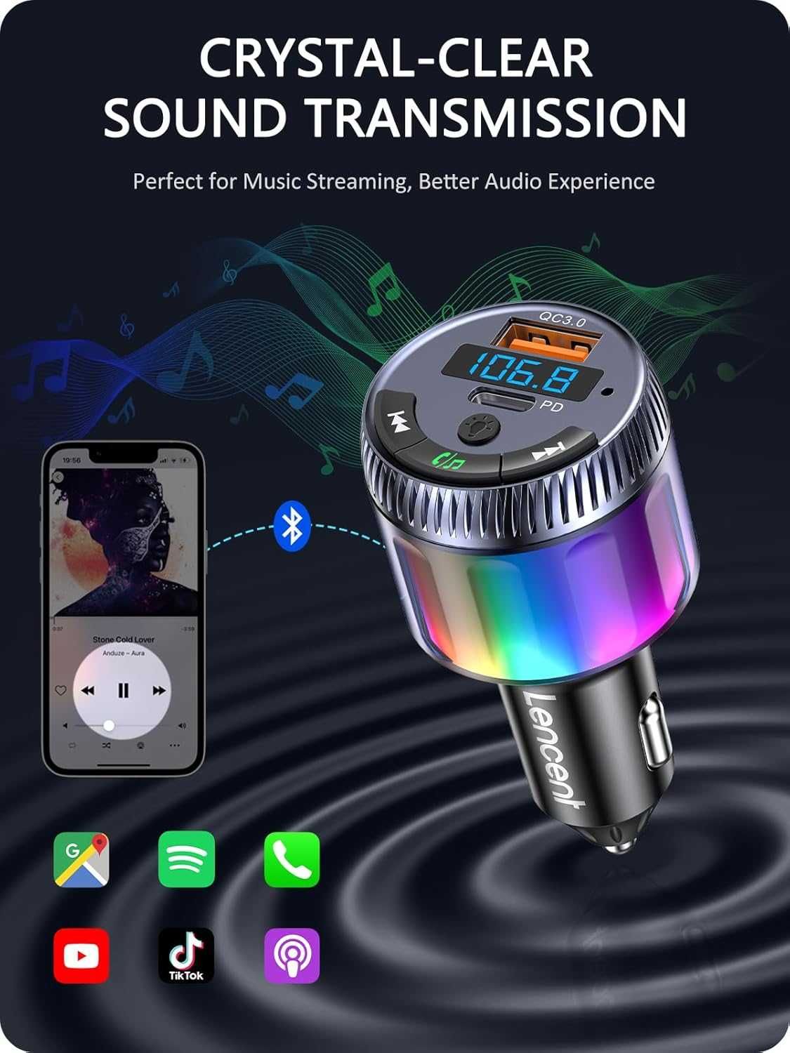 LENCENT Bluetooth 5.3 samochodowy nadajnik FM