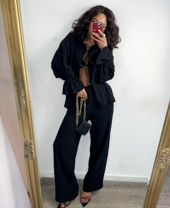 Czarny komplet muslinowy dlugie spodnie