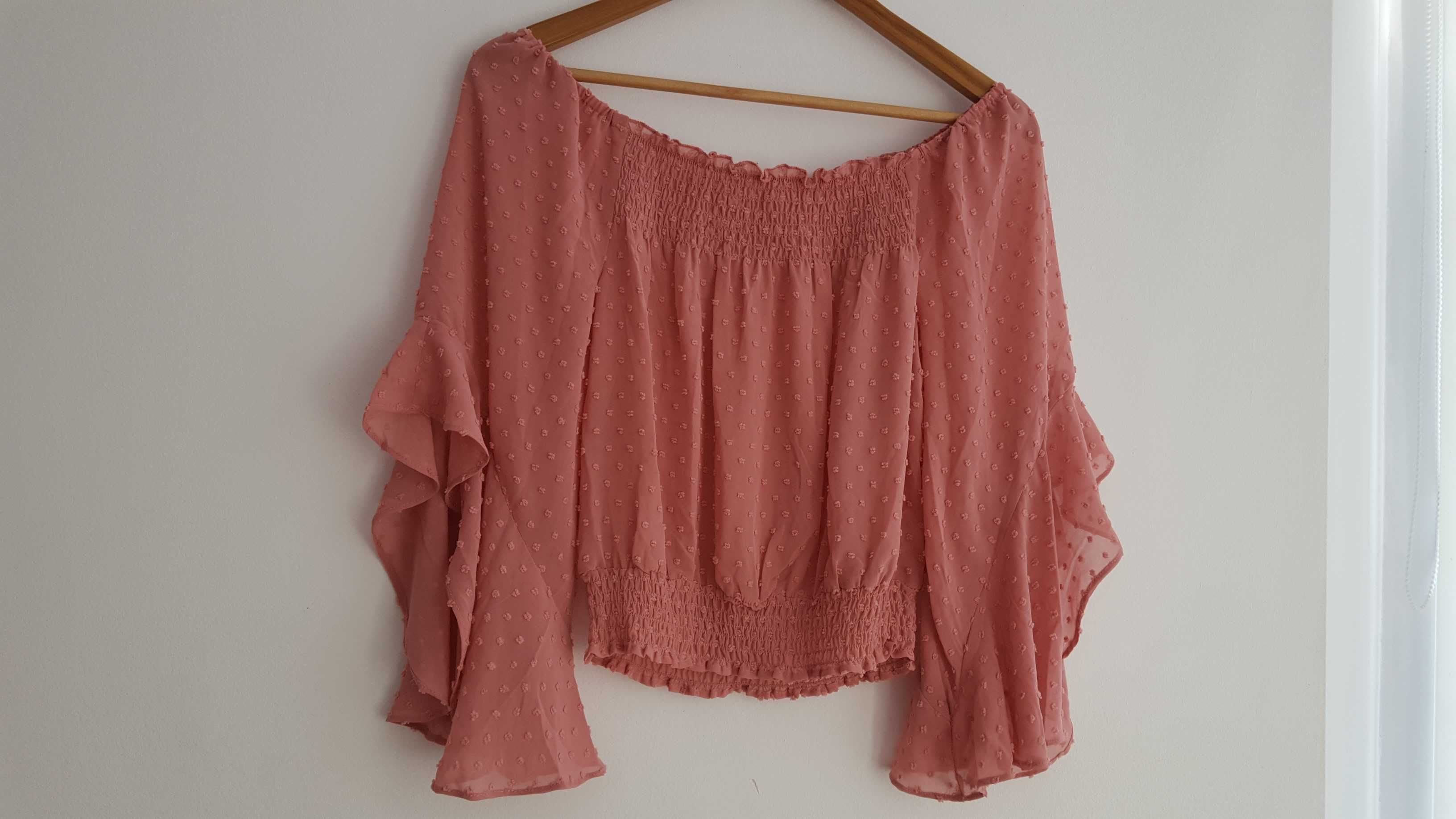 Różowa bluzeczka typu hiszpanka H&M, marszczona, M