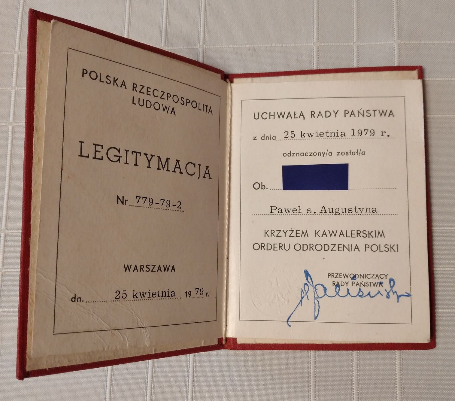 legitymacja odznaczenie Krzyż Kawalerski Orderu Odrodzenia Polski 1979