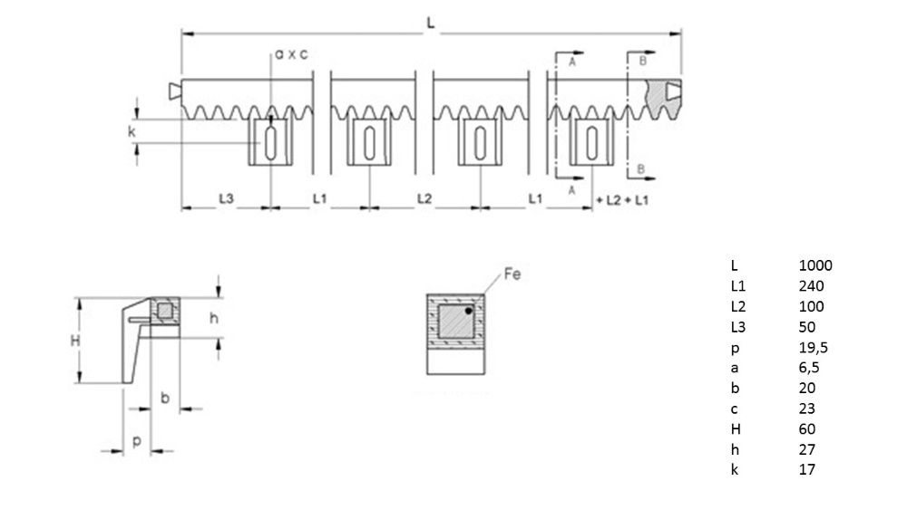 Listwa zębata nylonowa do bramy przesuwnej o długości 1 m