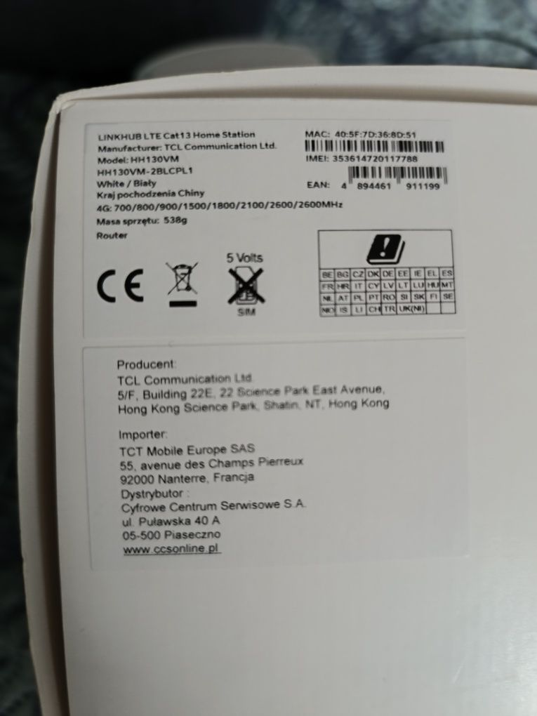 Router wi fi SIM TCL LINK HUB LTE Cat13 Home Station