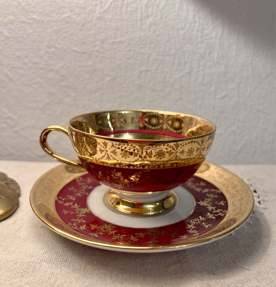 Elegancki CARLSBAD GLORIA Złoty Mocca Serwis filiżanka dzbanek Vintage