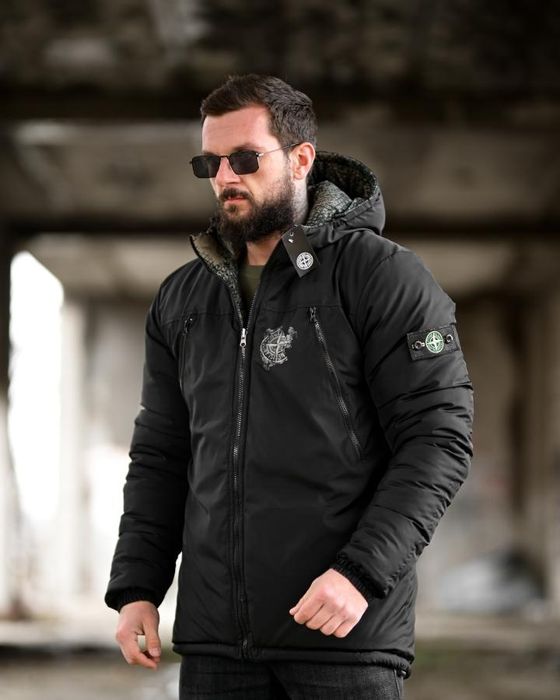 Чорна/Хакі тепла зимова чоловіча двостороння куртка Stone Island