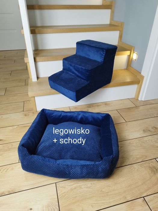 Schody dla psa plus legowisko welurowe granatowy zestaw