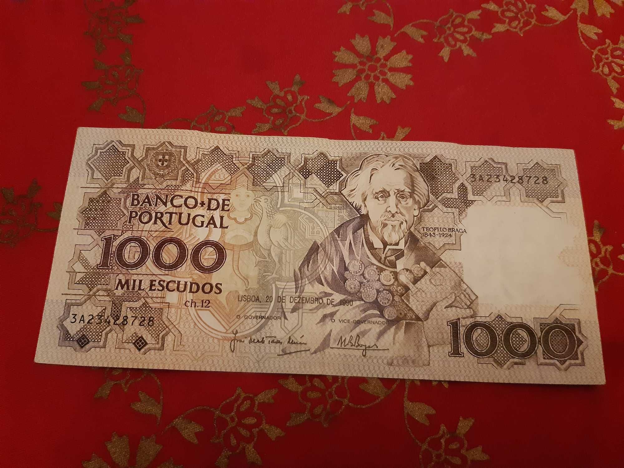 Nota 1000 escudos 20 Dezembro 1990 chapa 12 Teófilo Braga